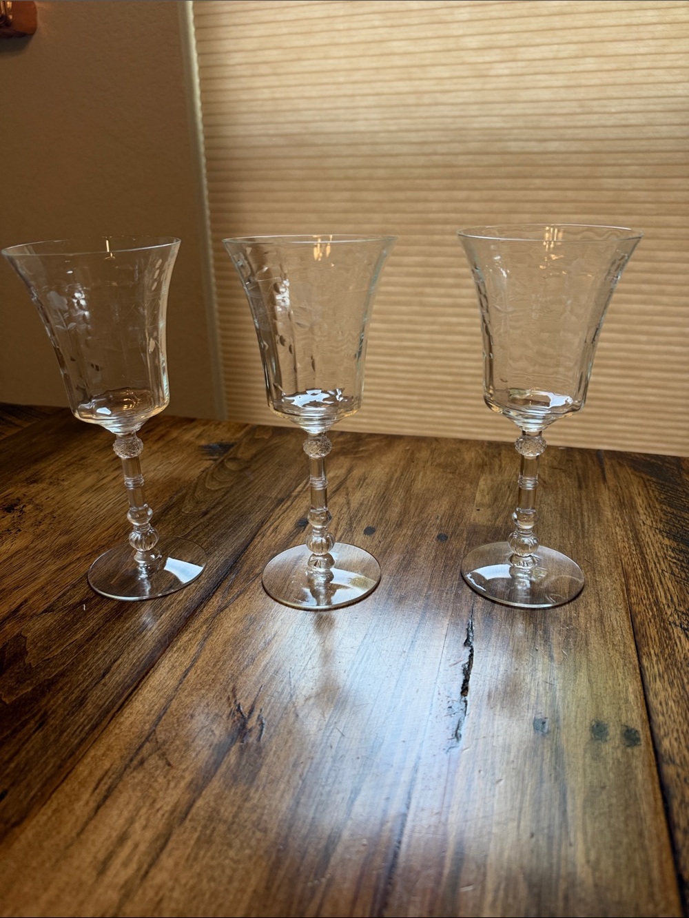 Vintage Crystal Set of 3 Water Goblets Etched Floral Pattern